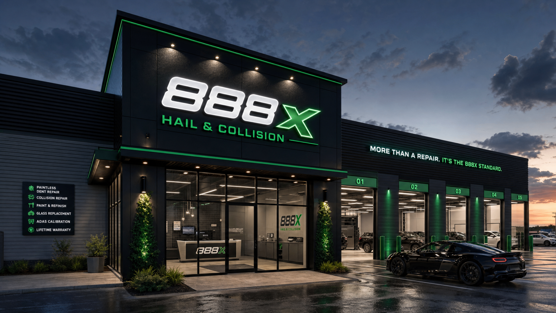 888X Hail & Collision flagship facility at dusk with green accent lighting